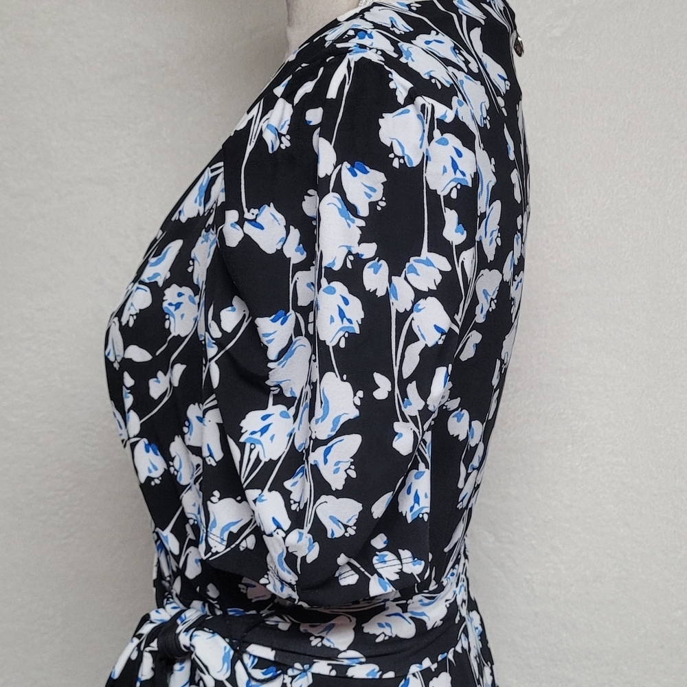 Tommy Hilfiger Women's Blue Black Floral Tie-Neck Puff Sleeve Casual Day Dress - Picture 7 of 12